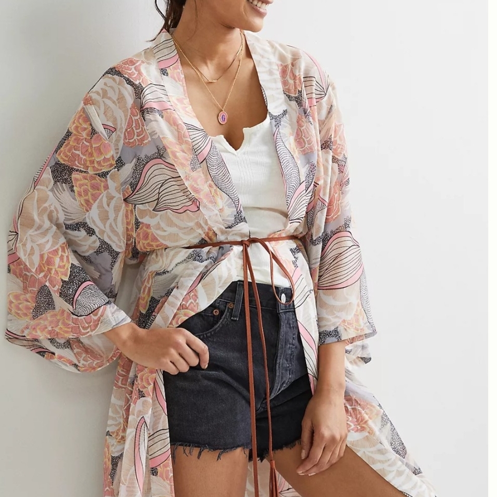 Anthropologie Sheer Floral Kimono Coverup in Pink, Cream & Gray